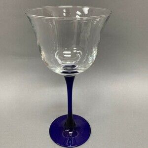 Wine Clear Cobalt Blue Stem Glass 7 5/8" Tall